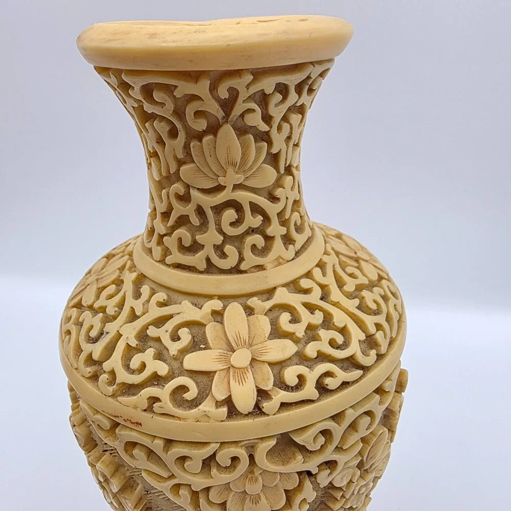 Vintage Carved Resin Floral Vase Asian Beige Signed 7.5